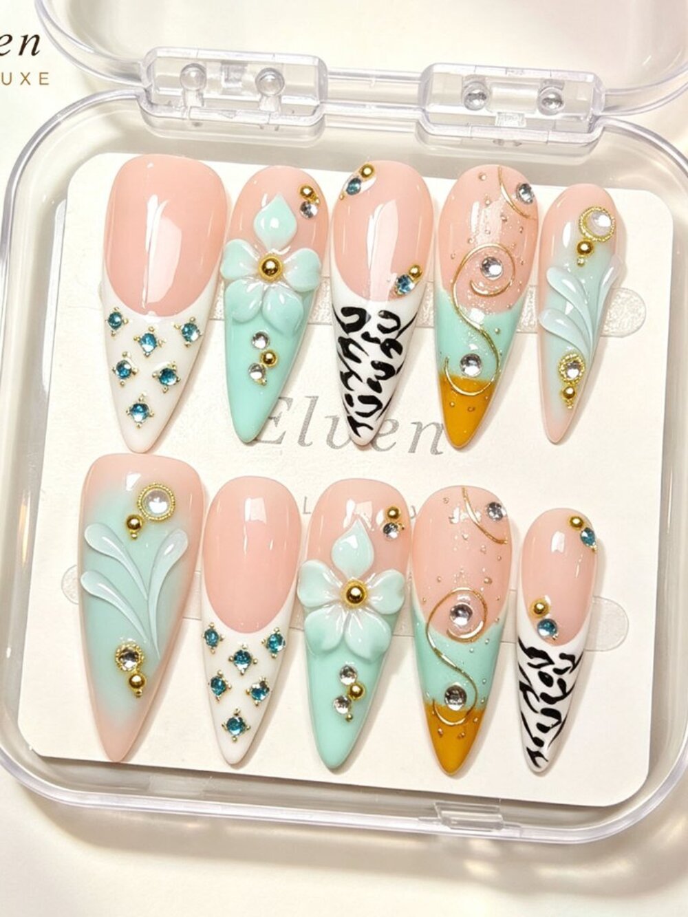 mint long stiletto press on nails Beautiful 3D flower & blue rhinestone vacation